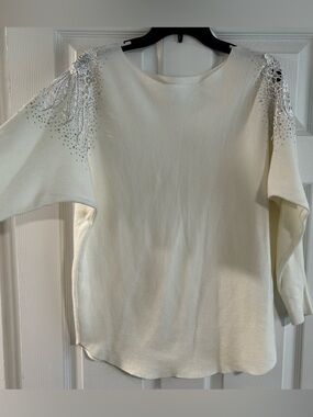 Vila Milano Embellished Ivory White Sweatshirt with Shoulder Beading